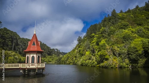 Scenic view of Zealandia wildlife sanctuary in Wellington, New Zealand. Timelapse video of the picturesque lake. Popular tourist destination.