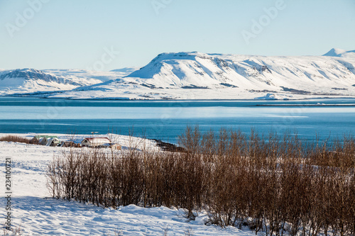 Fototapeta Naklejka Na Ścianę i Meble -  Borgarnes view during winter which is a town located on a peninsula at the shore of Borgarfjordur, Iceland