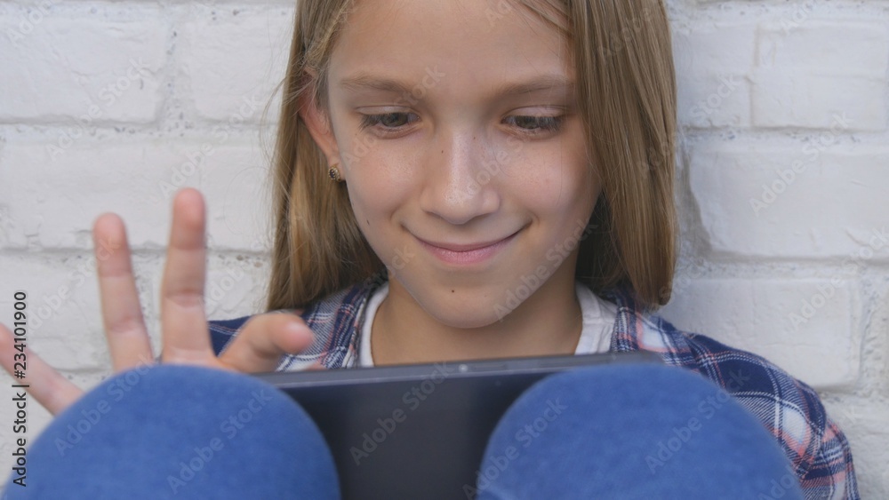 Child Playing Smartphone, Kid Uses Tablet Online, Girl Searching Internet Child Playing Smartphone, Kid Uses Tablet Online, Girl Searching Internet
