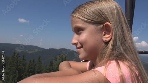 Child in Chairlift, Tourist Girl in Ski Cable, Kid in  Railway Mountains, Alpine