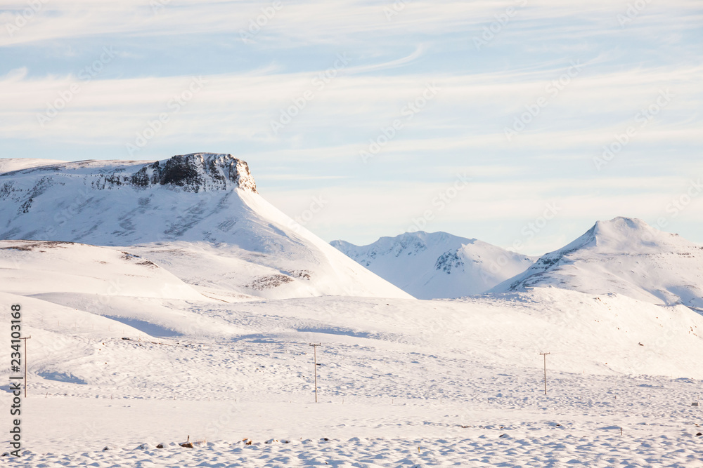 Beautiful winter snow landscape of Snaefellsnesvegur near Kirkjufell