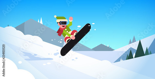 green elf doing jump on snowboard happy new year merry christmas celebration concept flat snow mountains slopes horizontal vector illustration