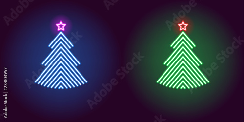 Neon Christmas tree, glowing xmas tree. Vector