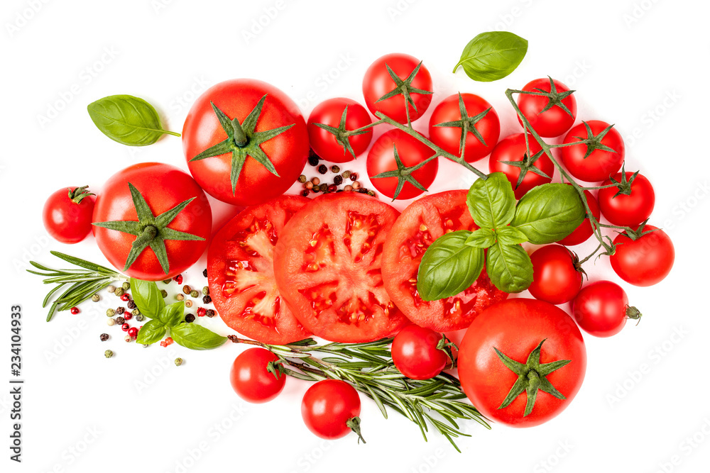Fototapeta Various Tomatoes, basil leaf and herbs isolated on white background. Beautiful colloction of ripe red Tomatoes. Top view