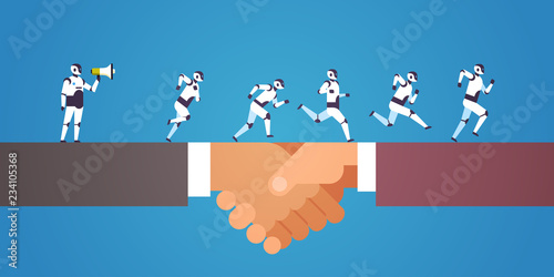 robots team running human handshaking boss hold megaphone artificial intelligence technology concept infographic template flat horizontal copy space vector illustration