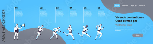 modern robots team running boss hold megaphone artificial intelligence technology concept infographic template flat horizontal banner copy space vector illustration