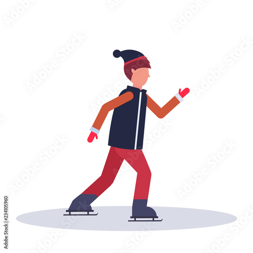 young boy skating ice rink sport activities guy wearing winter clothes male carton character full length profile flat isolated vector illustration