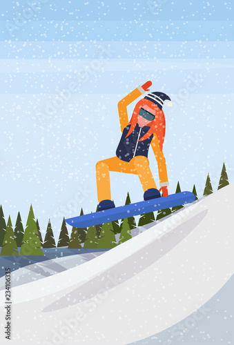 Snowboarder woman sliding down snowy mountain fir tree forest landscape background sportswoman snowboarding winter vacation flat vertical vector illustration
