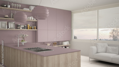 Modern violet and wooden kitchen with shelves and cabinets, sofa and panoramic window. Contemporary living room, minimalist architecture interior design © ArchiVIZ