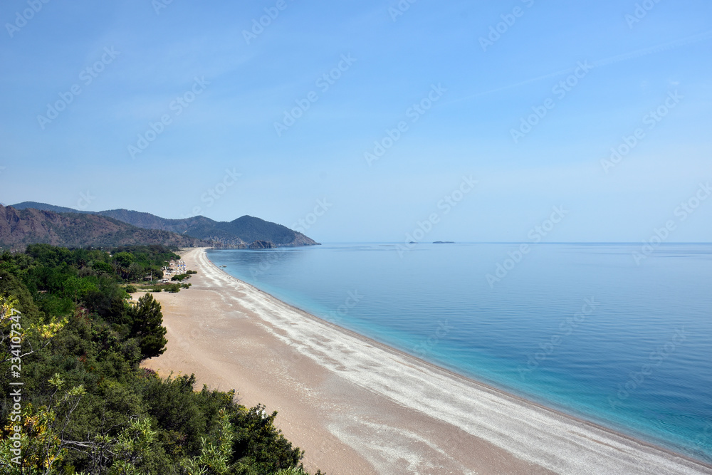 Cirali, Olympos, Antalya, TURKEY - Aerial view of Cirali Beach from ancient Olympos ruins located located on historical Lycian way.