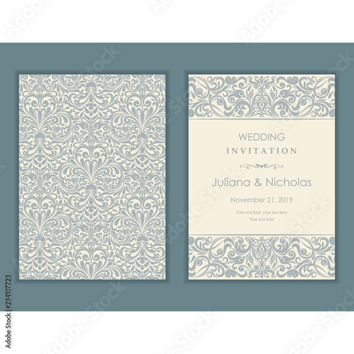 Wedding  Invitation  with baroque pattern. Size: 5" x 7". Beautiful Victorian ornament. Frame with floral elements.  The front and back side. Add photos and text to both sides of this flat card.