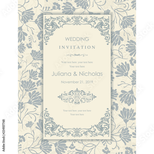 Wedding invitation cards. Vintage  Pattern. Retro Victorian ornament. Frame with flowers elements. Blue tulips, chamomile, leaves. Summer ornament.Vector illustration.