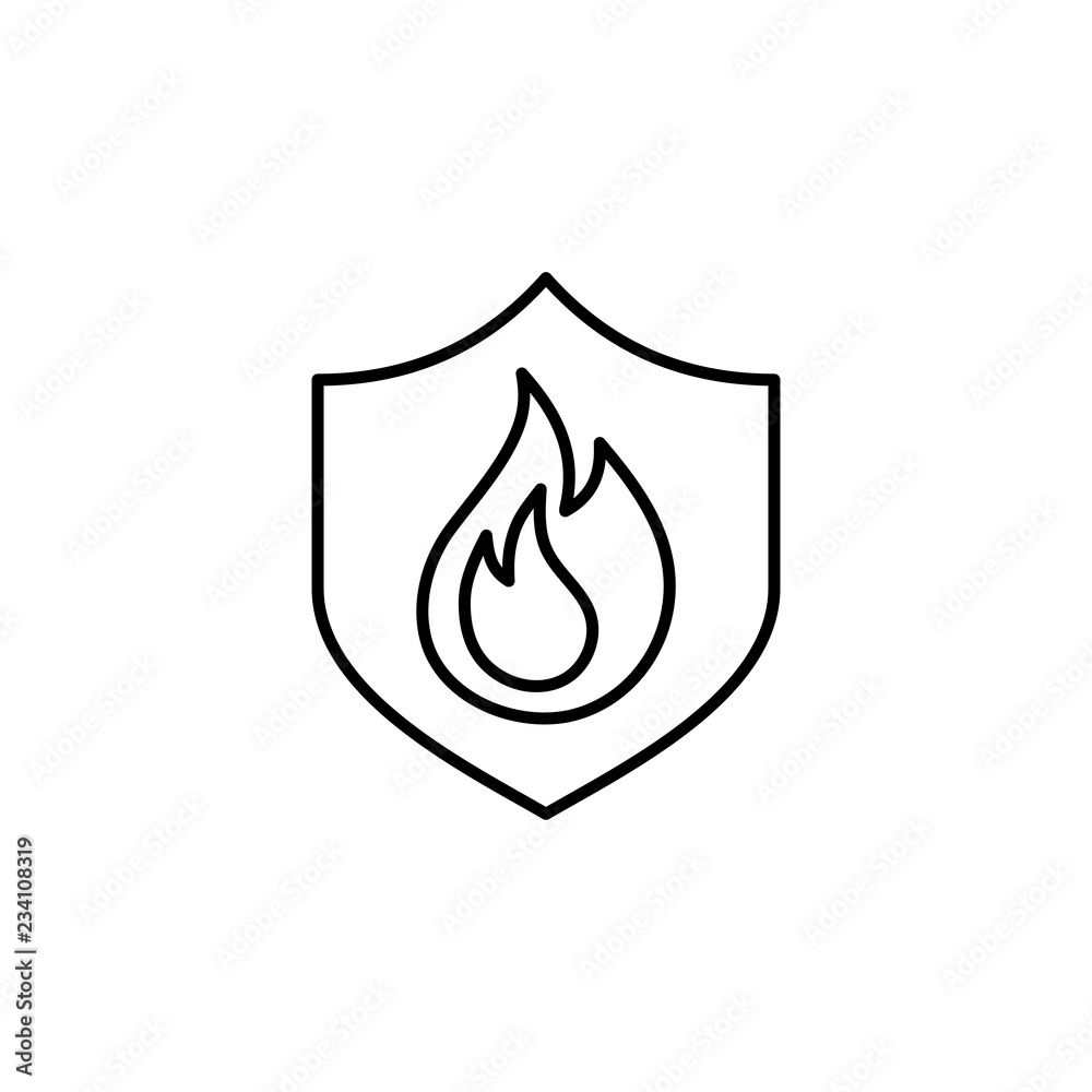 fire with shield symbol line black icon on white background fire with shield symbol line black icon on white background