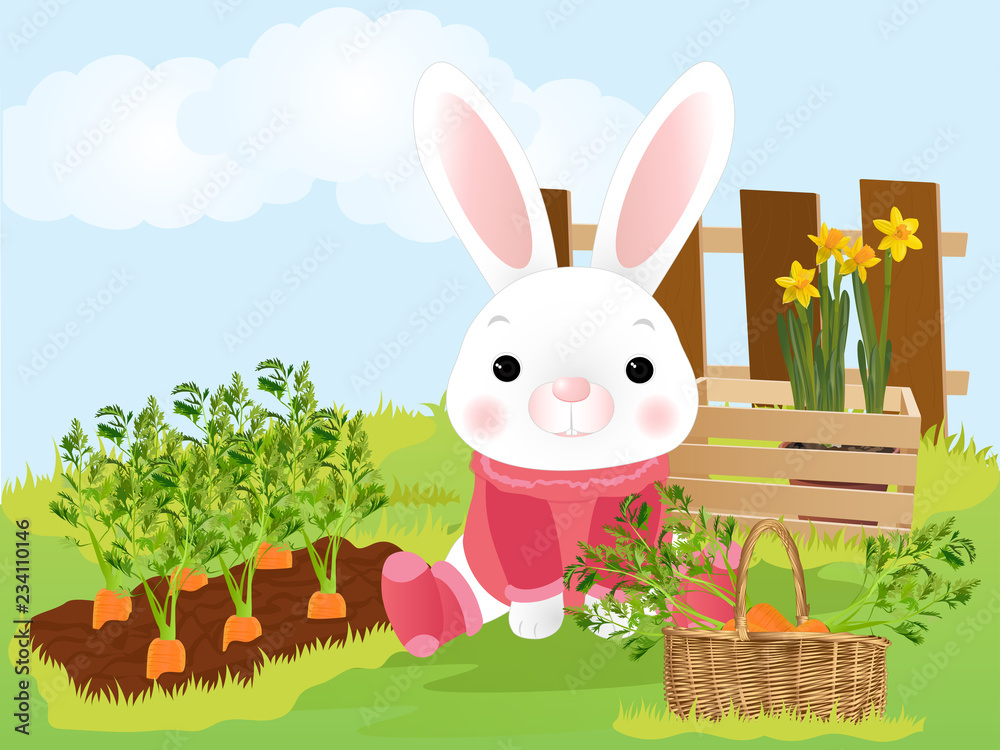 Fototapeta premium Rabbit at the farm with carrots. Vector illustration.