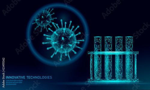 Test tube virus 3D low poly render. Laboratory analysis infection chronic disease Hepatitis virus influenza flu infect organism, aids. Modern science technology medicine thearment vector illustration