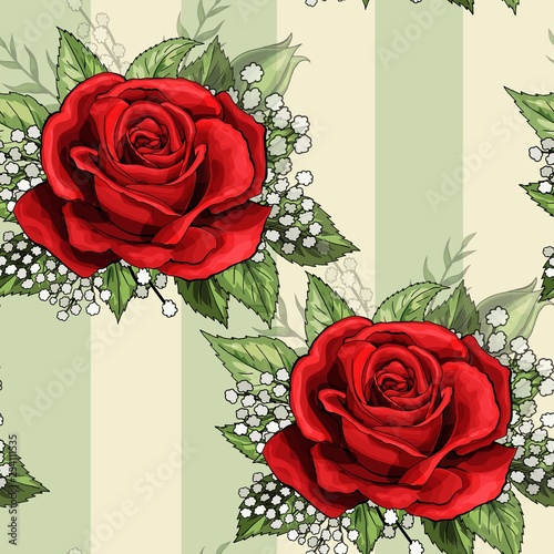 Red rose flower bouquet spreads creeper elements seamless pattern wallpaper