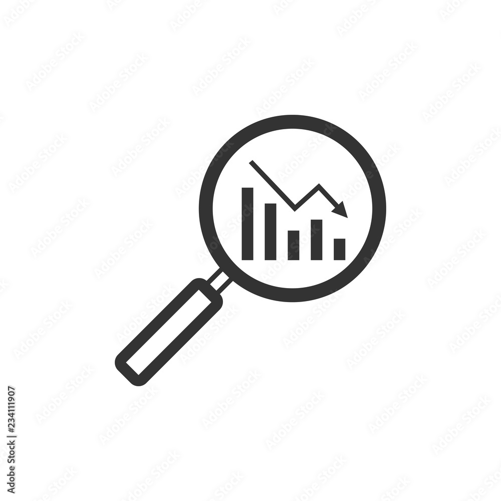Magnifying glass, graph, chart icon. Vector illustration, flat design. Magnifying glass, graph, chart icon. Vector illustration, flat design.