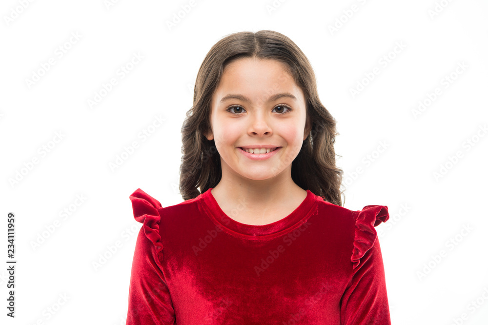 Kid adorable smiling posing in red velvet dress. Kids fashion. Girl cute child wear velvet dress. Velvet dress perfect pick whatever occasion. Feel so trendy in elegant clothes. Fashion concept Kid adorable smiling posing in red velvet dress. Kids fashion. Girl cute child wear velvet dress. Velvet dress perfect pick whatever occasion. Feel so trendy in elegant clothes. Fashion concept