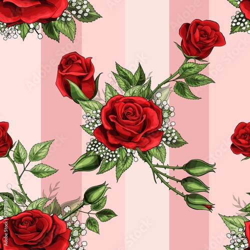 Red rose flower bouquet spreads creeper elements seamless pattern wallpaper