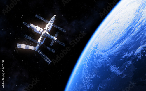 Russian Space Station And Blue Planet Earth