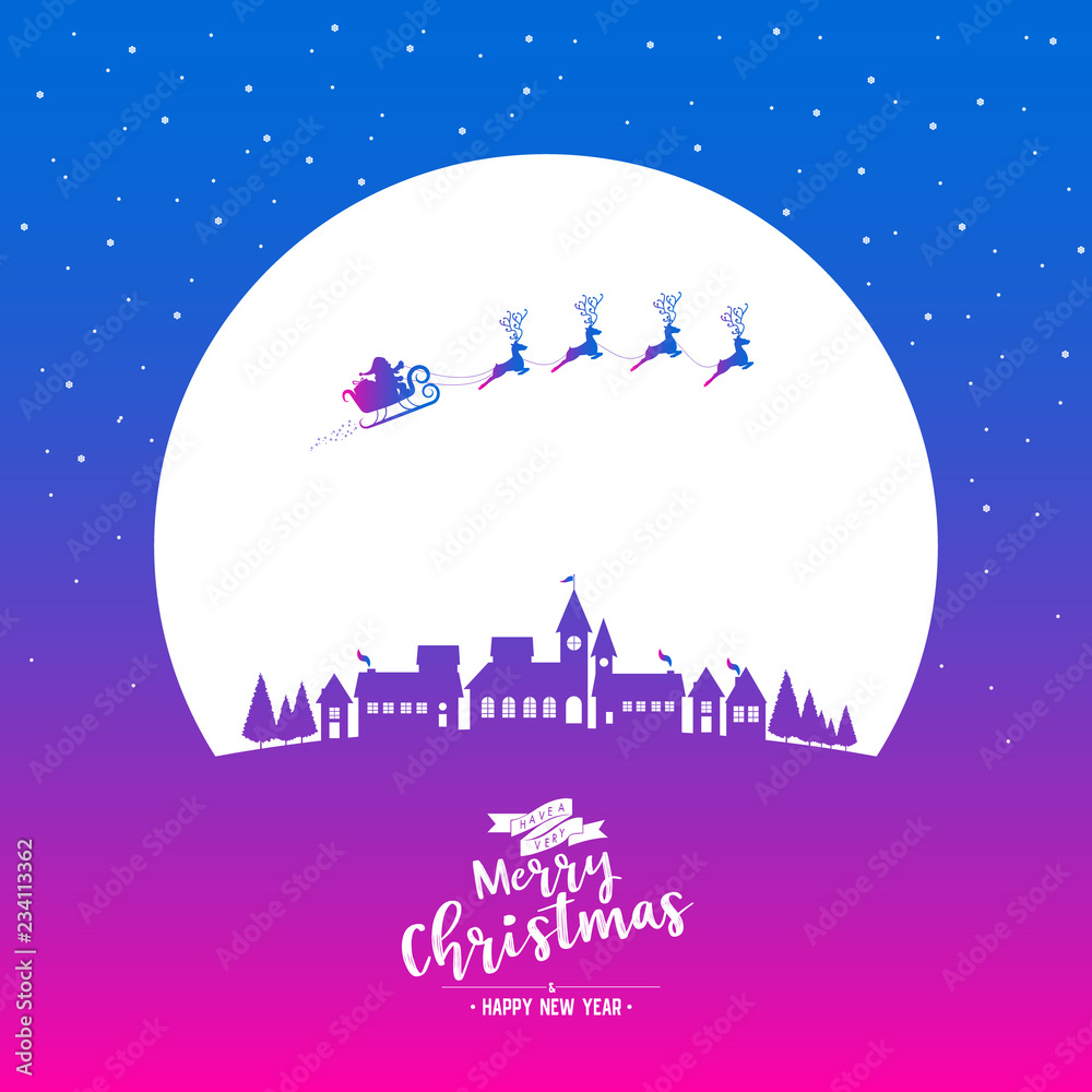 Santa sleigh flying into the winter village christmas night with phase text merry christmas Santa sleigh flying into the winter village christmas night with phase text merry christmas