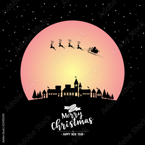 Santa sleigh flying into the winter village christmas night with phase text merry christmas