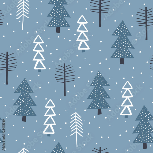Winternahtloses Muster mit Tannen und Kiefern im Schnee. Winterwaldhintergrund. Vektor-Illustration. Nahtloses Vektormuster mit Weihnachtsbäumen.
