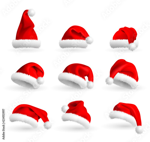 Collection of Red Santa Claus Hats isolated on white background. Set. Vector Realistic Illustration.
