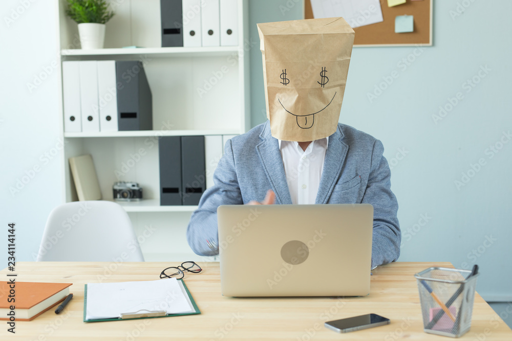 Business, emotions and money concept - office crazy man put a package with painted funny face on her head. Dollar sign in her eyes Business, emotions and money concept - office crazy man put a package with painted funny face on her head. Dollar sign in her eyes