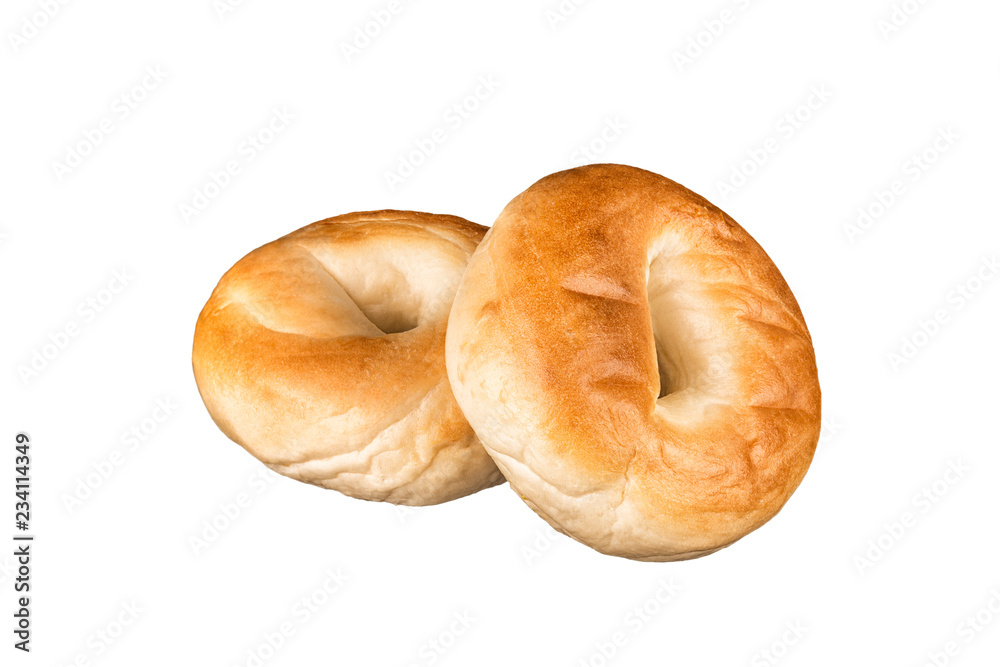 Close up on a set of plain bagel. Isolated on white background. Close up on a set of plain bagel. Isolated on white background.