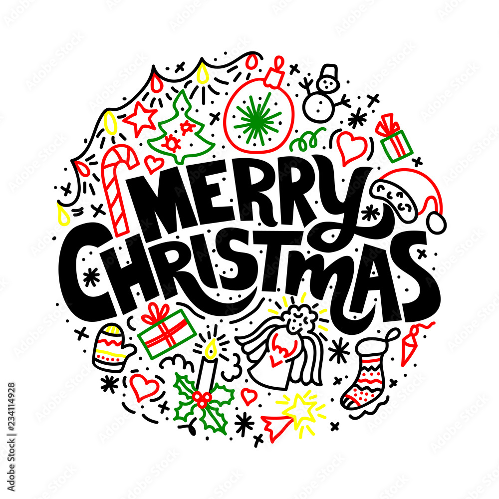 Fototapeta premium Merry christmas poster with hand lettering and doodle illustration of new year tree, snowflakes, presents, stars, decoration balls, angel, gingerbread, Santa hat. Hand drawn black line art, cartoon