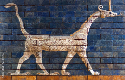 Ancient bas-relief with Sirrush from the Babylonian Ischtar Tor in Istanbul, Turkey