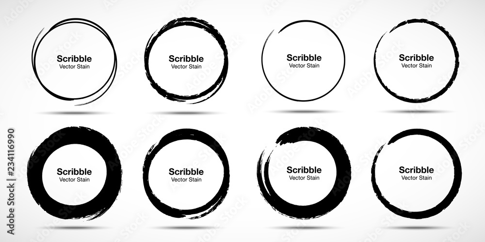 Hand drawn circle brush sketch set. Grunge doodle scribble round circles for message note mark design element. Brush circular smears. Banners, Insignias , Logos, Icons, Labels and Badges. Vector - obrazy, fototapety, plakaty 