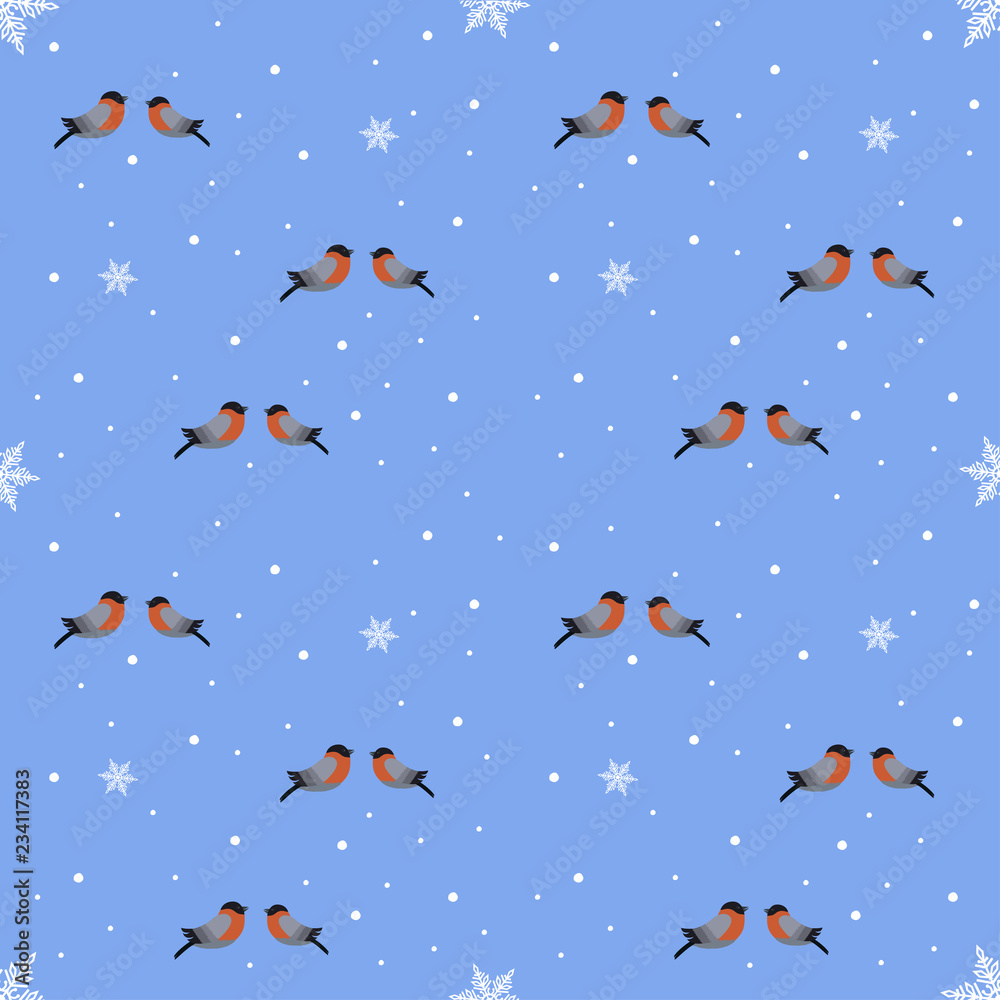 Seamless bullfinch and snowflakes on a blue background