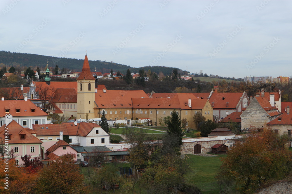 Panoramic view of red roof in city of cesky krumlov, czech republic