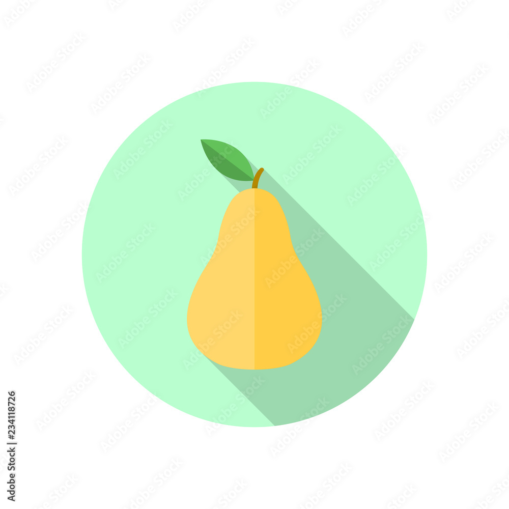 Pear fruit icon with long shadow. Vector illustration.