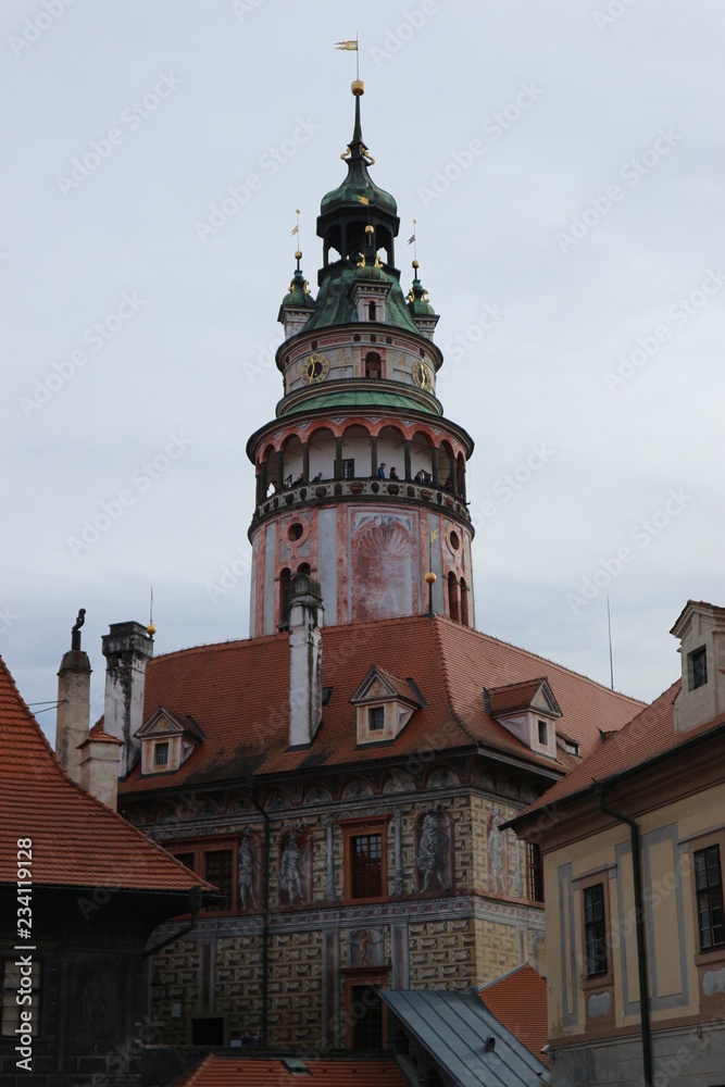 Cesky Krumlov castle tower view from the street of old town