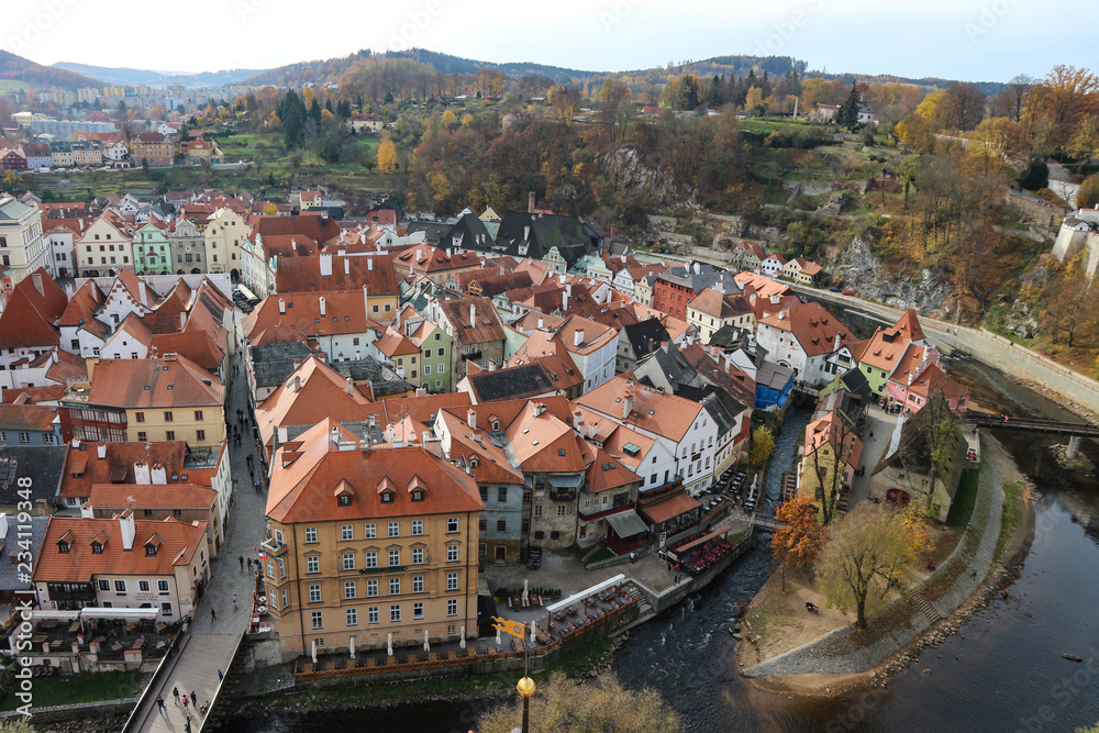 Panoramic view of Cesky Krumlov old town and river Vltava from castle tower