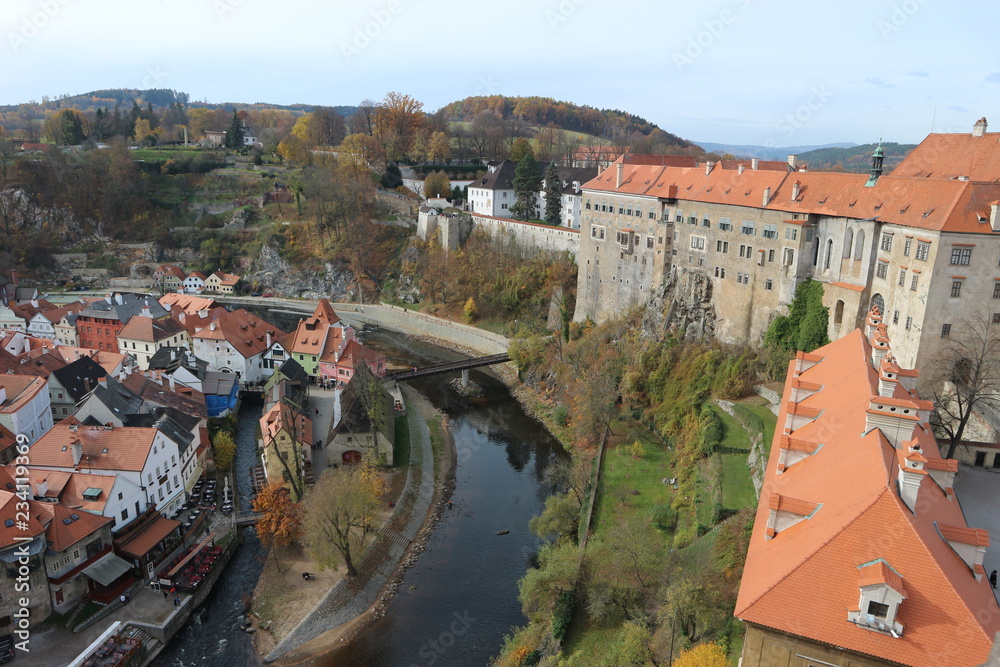 Beautiful view of Vltava river and Cesky Krumlov town, Czech Republic