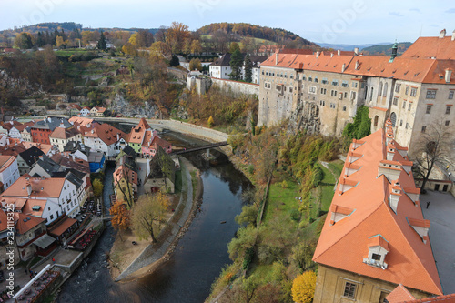 Beautiful view of Vltava river and Cesky Krumlov town, Czech Republic photo