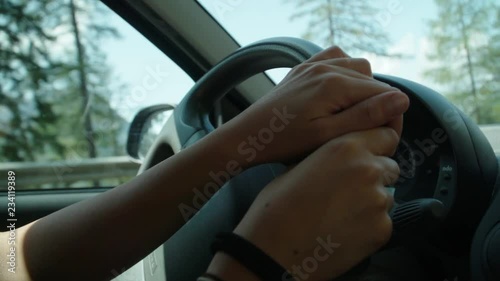 Wallpaper Mural driving woman hand closeup. Super slow motion 240 fps. travel by car. car handlebar in the foreground and in the background the beautiful mountains of the Alps between Italy and Switzerland. Torontodigital.ca