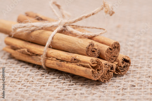 Cinnamon sticks tied with jute rope on burlap background
