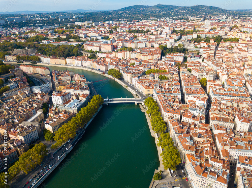 View from drone of Lyon, France