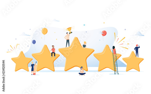 Flat isometric vector concept of five stars, best rating, customer feedback, positive review. Winner award First place