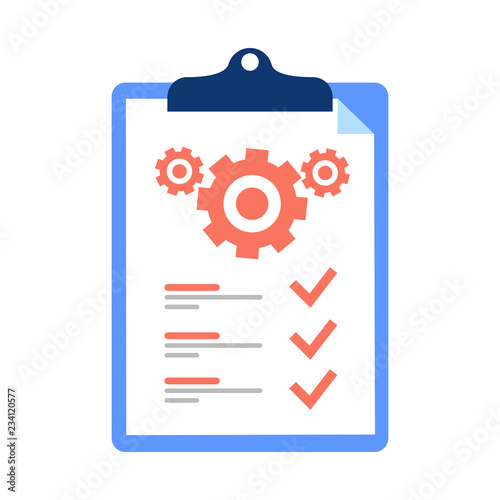 Clipboard and cogwheel, technical support check list, team work solution, project management, software upgrade. Testing