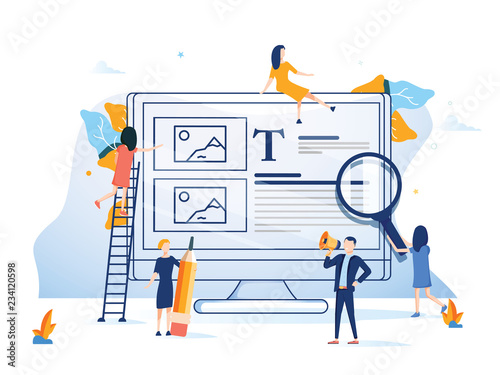 Business team presenting a website flat design style colorful illustration. Background computer internet technology.