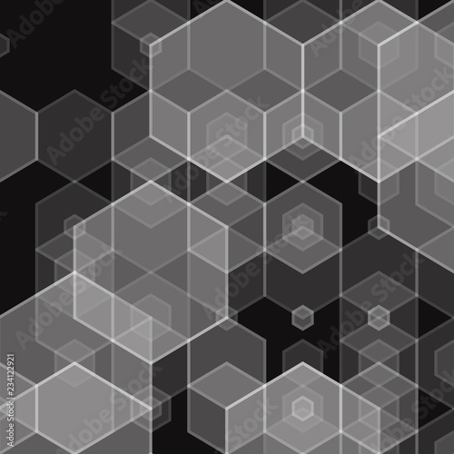 Creative geometric illustration in a polyginal style. Gray hexagonal figures on a black background. Ideas for business advertising, design, fashion, science, medicine. Technologies and textures.