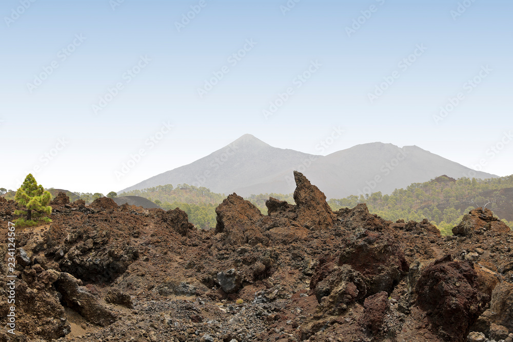 Vulkanische Landschaft mit alten Lavaflüssen und Vulkan im Hinergrund