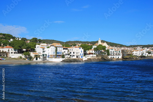 Bright white buildings and blue details, Mediterranean village of Cadaques, the Pearl of the Costa Brava, Spain