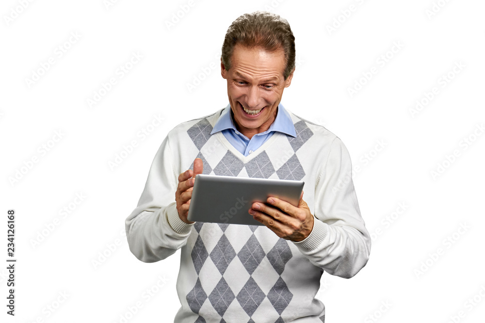 Portrait of happy man with pc tablet. Cheerful middle-aged man holding digital tablet and smiling over white background. Portrait of happy man with pc tablet. Cheerful middle-aged man holding digital tablet and smiling over white background.